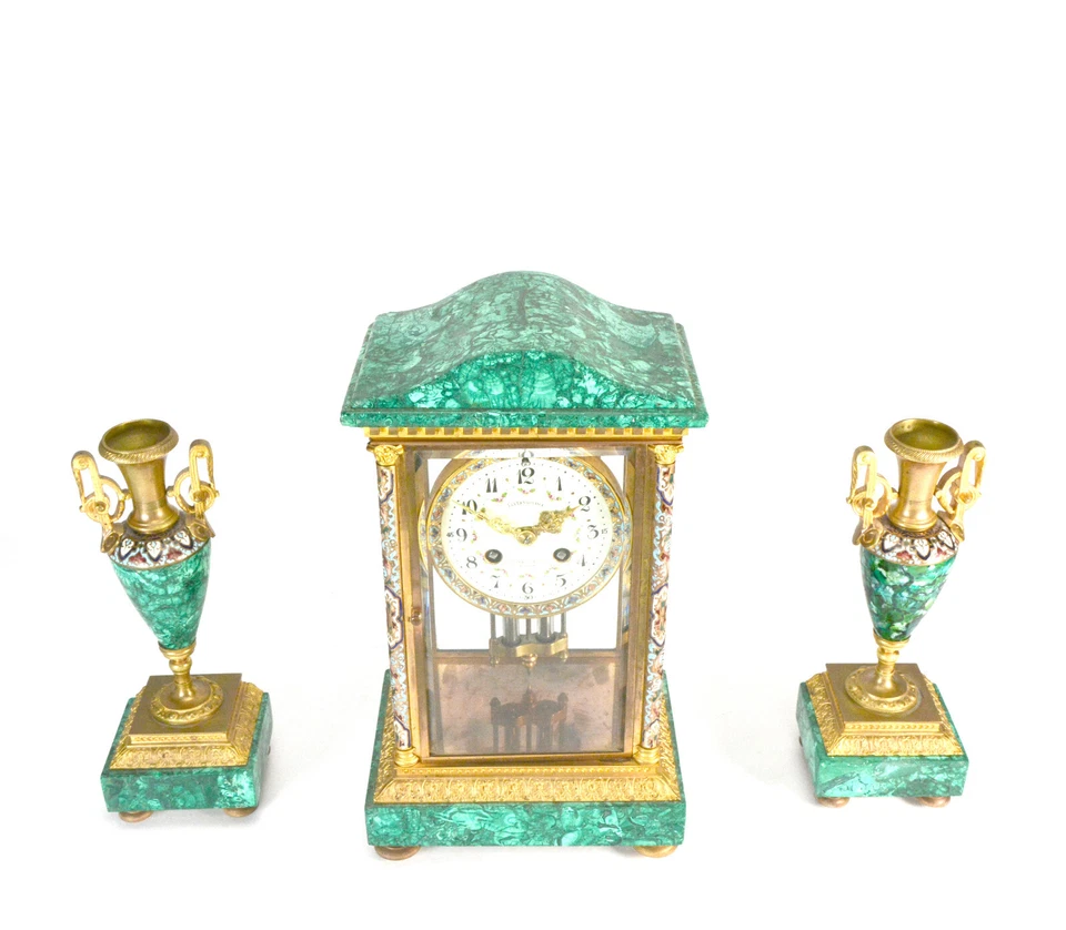 Antiguo Reloj Manto Regulador Cristal Malaquita y Champleve Francés Art Deco Foto 2 de 4