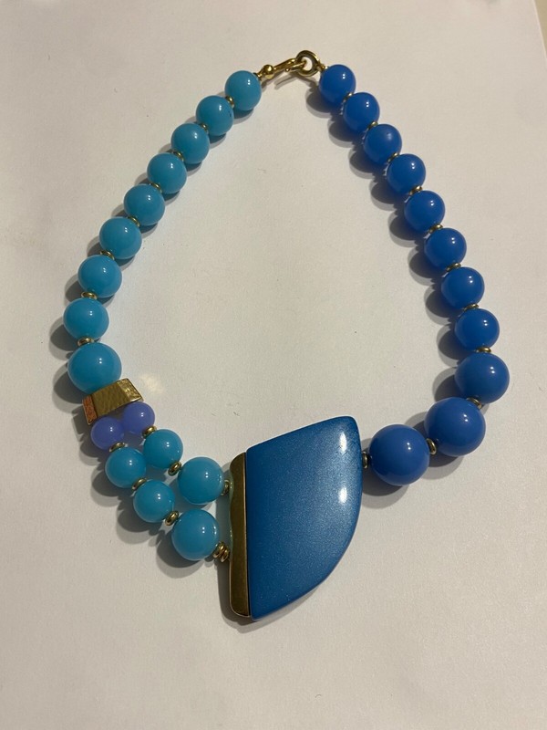 Rare Vintage Signed Crown Trifari Blue Lucite Asymmetrical Statement Necklace