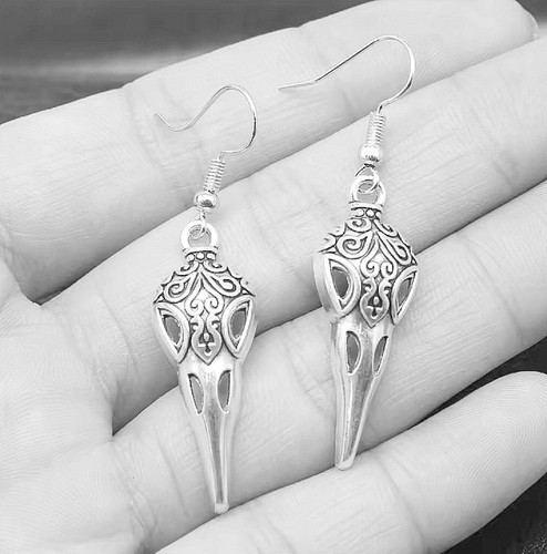 Poe Bird RAVEN Skull Dangle Drop Earrings, Bird Skull Earrings. - Picture 12 of 16