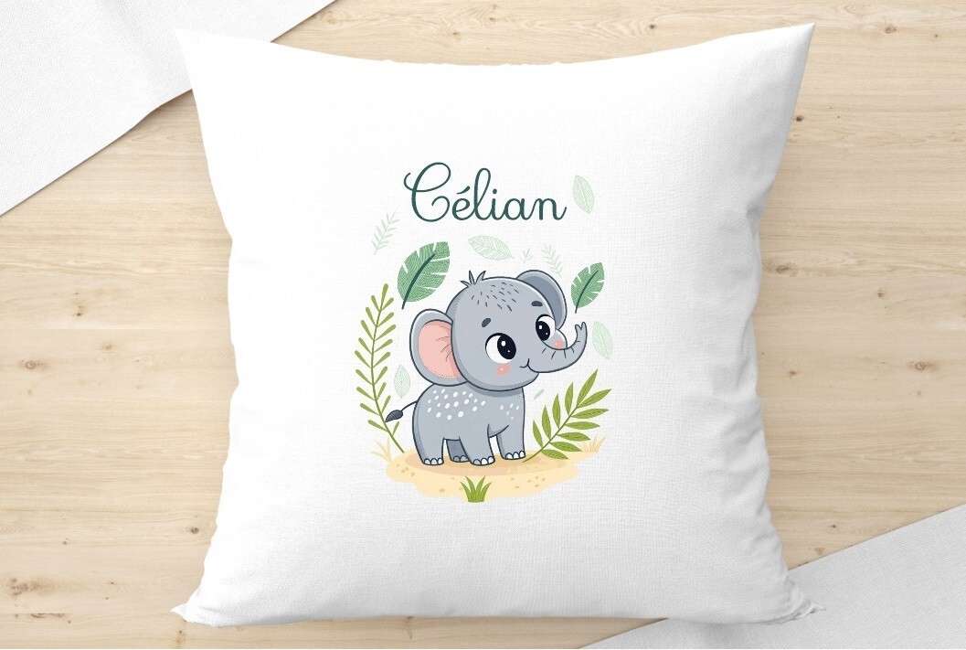 Coussin déhoussable petit éléphant blanc 40x40 cm personnalisé pour bébé