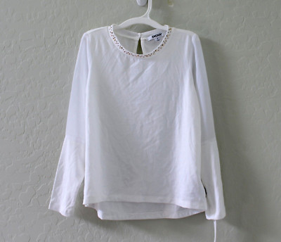 DKNY Girls Long Sheer Sleeve Embellished Neckline Blouse Top Size M Snow White
