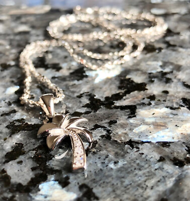 Small Sterling Silver CZ Island Plumeria Palm Tree Pendant & Sterling Chain
