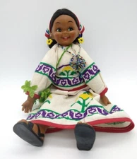 Female Huichol Indian Doll Wearing Traditional Garments & Beads Vtg EUC