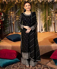 Women s Black Sequin Chiffon Embellished Salwar Kameez Set with Dupatta