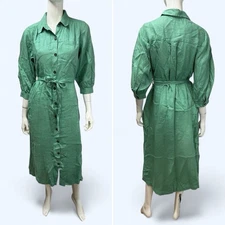 Saks Fifth Avenue Women’s Small Green Linen Button Down Belted Midi Shirt Dress
