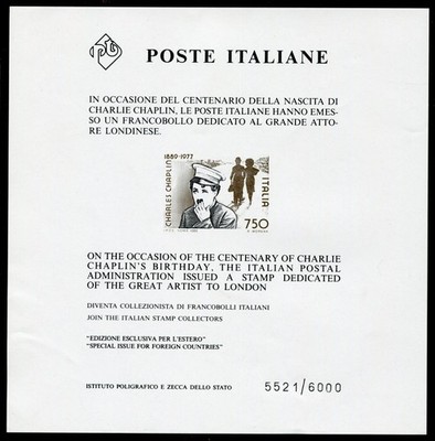 ITALY 1989 CHAPLIN ADVERTISING SHEET MNH** CAT. 2 CHERRY CERTIFICATE