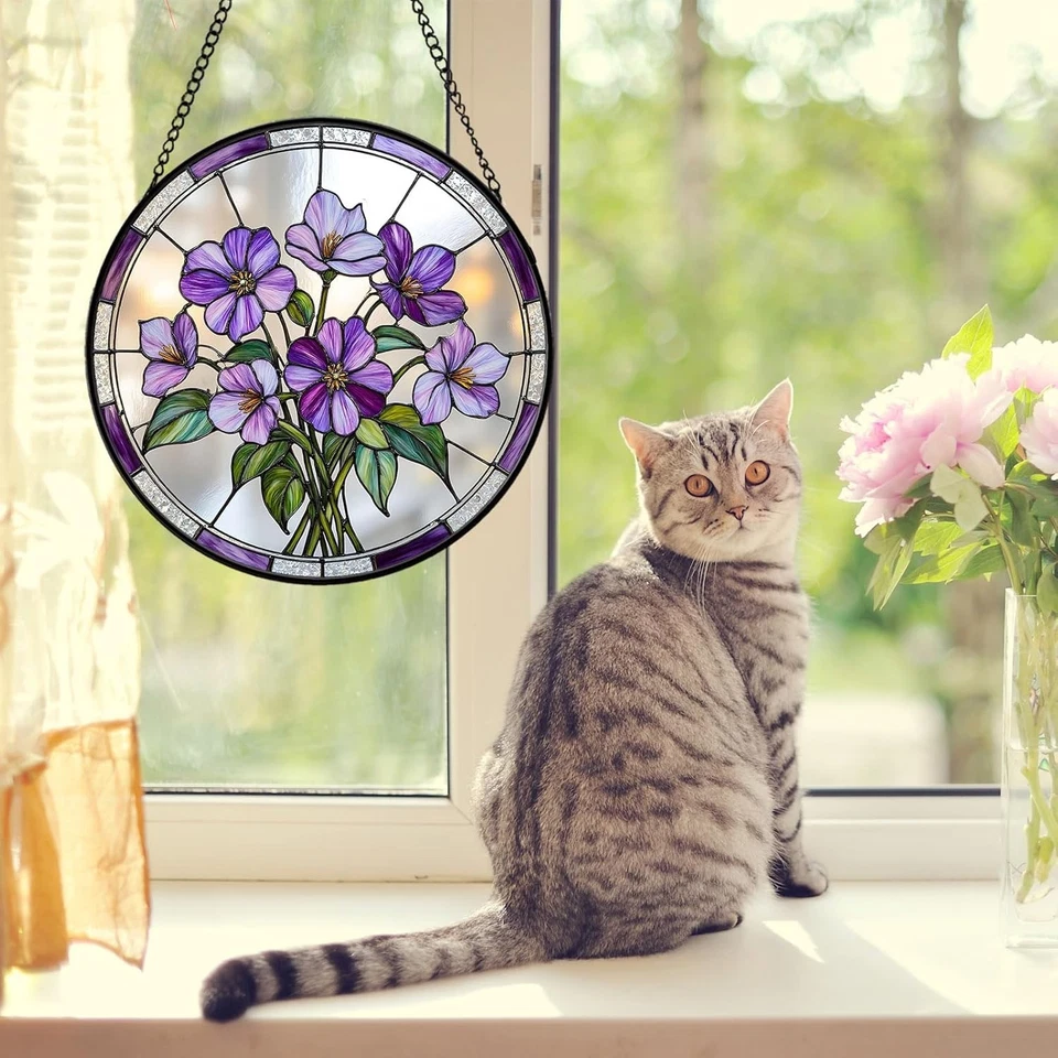 Vitral Vidriera Violeta Atrapasol Ventana Colgante Floral Decoración del Hogar Foto 4 de 4