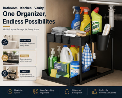 Space Saving Under Sink Organizer 2 Tier Sliding Storage Rack Cabinet Shelf