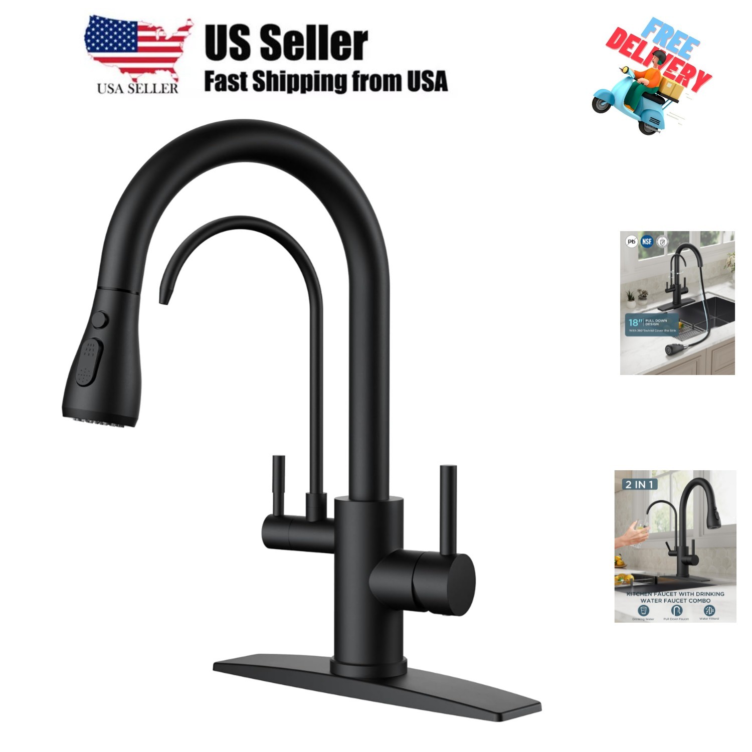 With Water Filter, 2 In 1 Stainless Steel Pull Down Sin...