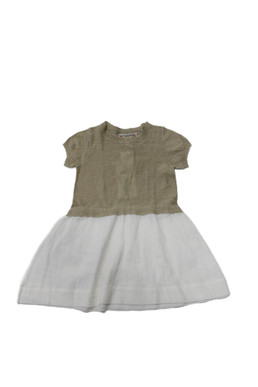 Bonpoint Girls Short Sleeve Crew Neck Linen Dress Brown White Size 3Free Shipping in US $100+ Orders | $6.95 Orders Below