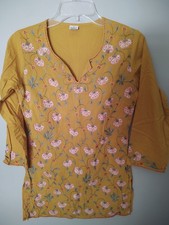 Gold Embroidered Tunic Indian Holiday Festival Size Small 100 Cotton