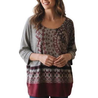Desigual Damen Sweater Knit Top Womens Medium Gray Burgundy Dolman Pullover