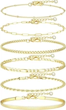 6 PCS 14K Gold Plated Ankle Bracelets Waterproof Hypoallergenic SS Non Tarnish 