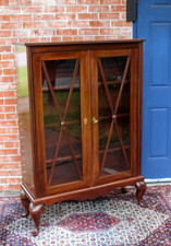 English Antique Queen Anne Mahogany Glass Doors Bookcase / Display Cabinet
