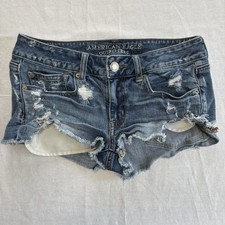 American Eagle Jean Shorts Women's 6 Blue Shortie Medium Wash Stretch Distressed