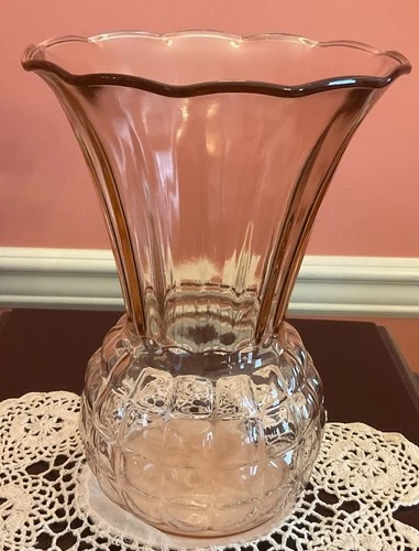 VTG Anchor Hocking Pink Depression Pineapple Glass Flared Vase Ruffled 9"