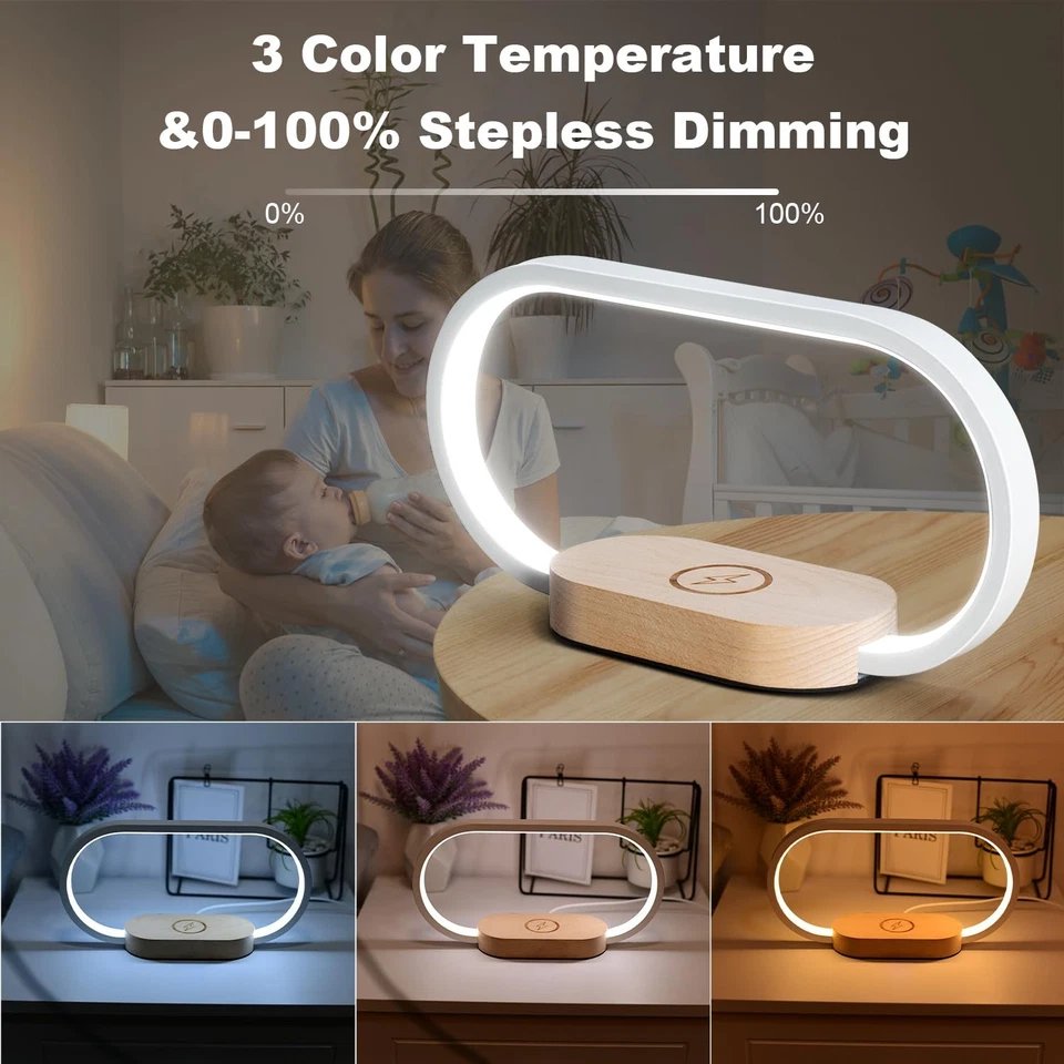 Wireless Charging Bedside Lamp with USB Charging Port,Premium Wooden Nightsta... - Image 4 of 4