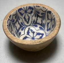 Hand Turned 3.25  Diameter Wood Bowl w/ Blue  White Pattern Under Enamel Glaze