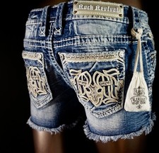 180 Buckle Rock Revival Jeans "Rosalie" Leather Inserts Easy Shorts 27