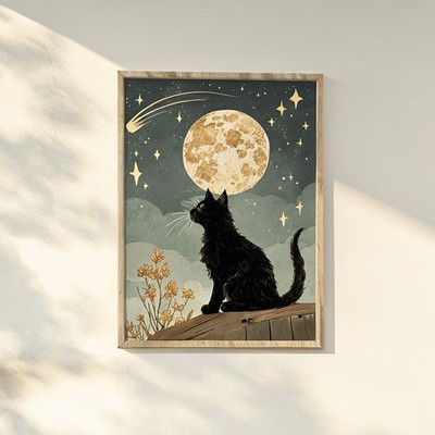 Vollmond und schwarze Katze Vintage Style Mystical Celestial Nostalgic Luna Magical