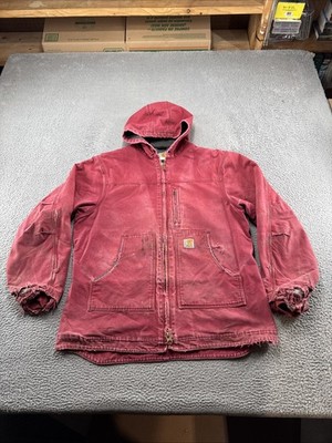 Vintage Carhartt C68 DKR Red Fleece Lined Hooded Work Jacket Size