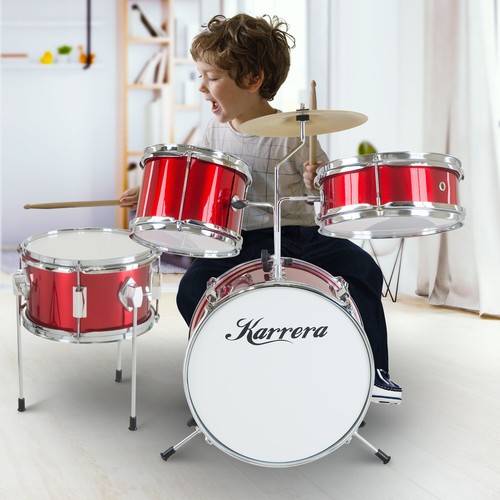 4pc Child Kids Drum Kit Set Metallic Finish w/ Stool Sticks Cymbal & Pedal - Red - Picture 5 of 10