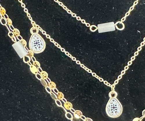 4 Strand Necklace Cross Tear Charms Gray Glass Bead Pendant Gold Tone Chain - Picture 4 of 5