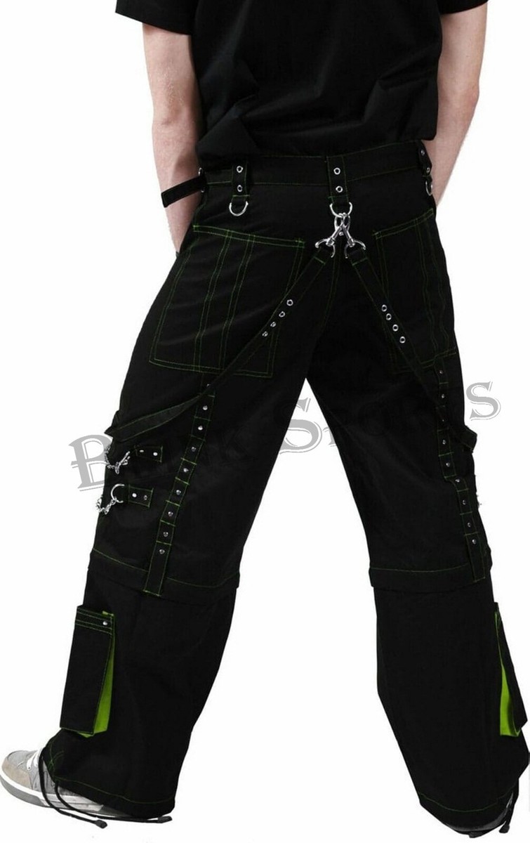Men Gothic Cyber Chain Trouser Green Thread Punk Bondage