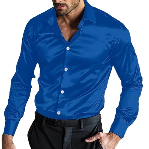 Satin Seide Langarm Hemd für Herren Freizeithemden Hochzeit Party Disco Club - Bild 4 von 27