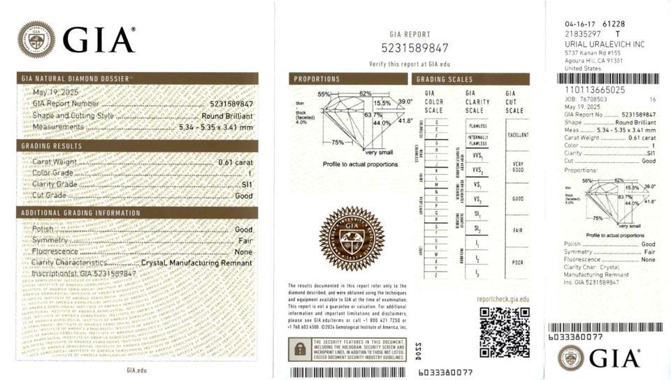 .61 ct Carat Round Brilliant Cut GIA Dossier I/SI1 Loose Natural Diamond B9693 - Image 4 of 4