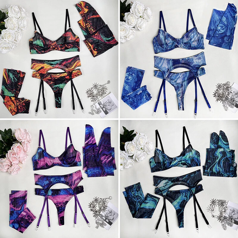 Mujeres Sexy Tie Dye Lencería Conjunto 5 Piezas Sujetador Top Guante Ligas Ropa Interior Medias Foto 3 de 4