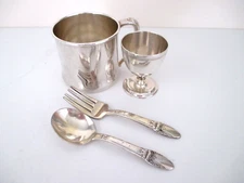 Vintage 1940's Infant Baby 4-Piece Cup Egg Cup Fork Spoon Silver & Silver Plate
