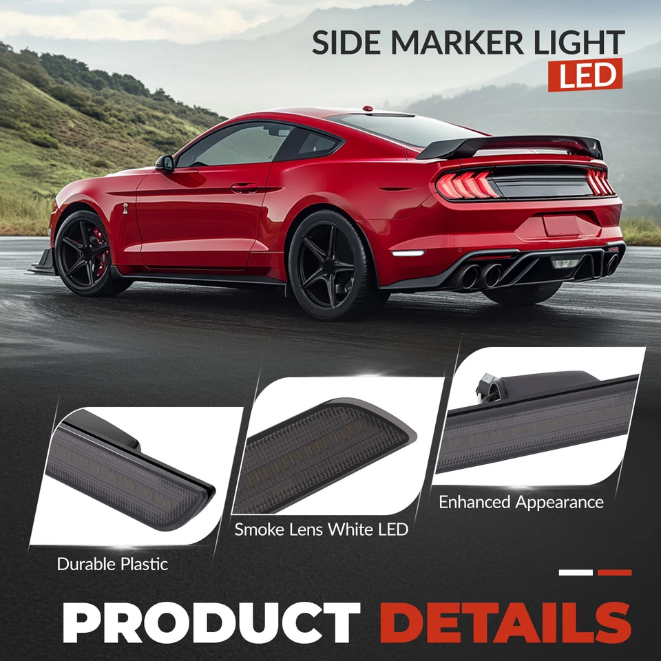 2PCS White LED Side Marker Lights Rear For Ford Mustang 2015-2023 Smoked Lens Foto 4 de 4