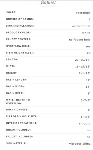 Signature Hardware Destin Rectangular 21”Porcelain Undercount Bathroom Sink - Picture 8 of 8