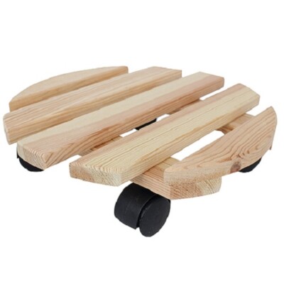 Holz Pflanzenroller d= 30 cm Natur, Kiefer und schwarze Kunststoffrollen 