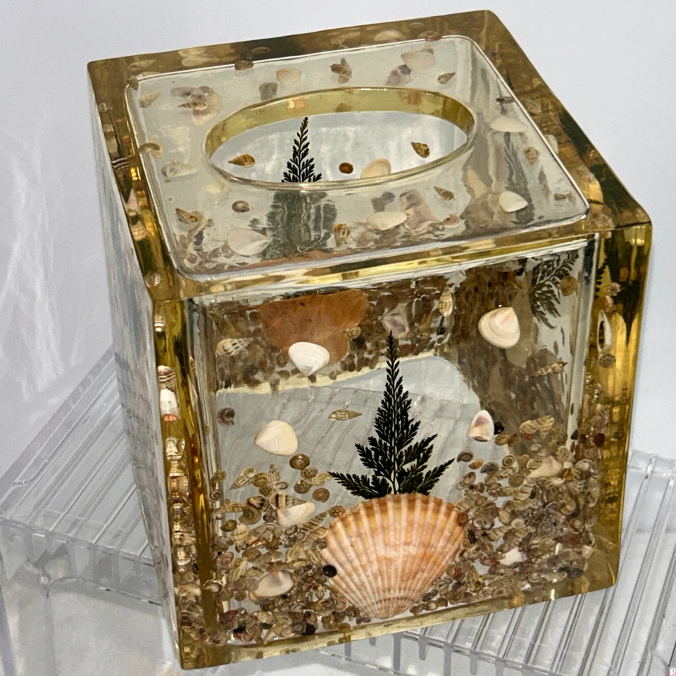 Caja de pañuelos de acrílico Lucite vintage conchas marinas cubierta océano mar playa náutica 6"x6 Foto 3 de 4