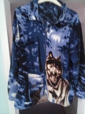 Cotton Traders Fleece Jacket XL Wolf Print Wildlife Woodland Snow Scenic