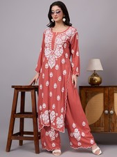 Coral Modal Chikankari Kurti Palazzo Set, Ethnic wear