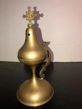Vintage Brass Religious Incense Burner Censer With Crucifix Hinged Handle 8 1/2"