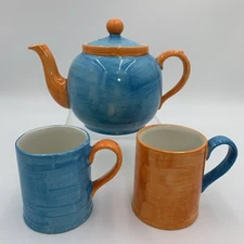 Price & Kensington England Teapot & Mugs Set – Hand Painted Blue Orange Vintage
