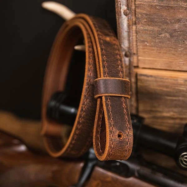 Buffalo Leather Rifle Gun Sling_Crazy Horse/Brown_Amish Handmade_1" Wide BK - Image 3 of 4