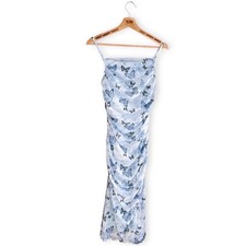 Ladies Strappy Ruched Dress Blue Butterfly Print Lined Midi Size 10