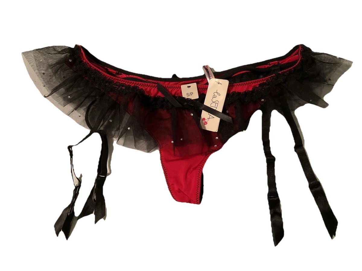 La Senza Red & Black Garter Strap Thong Panties Ruffle Sexy Womens Small NWT La Senza Red & Black Garter Strap Thong Panties Ruffle Sexy Womens Small NWT