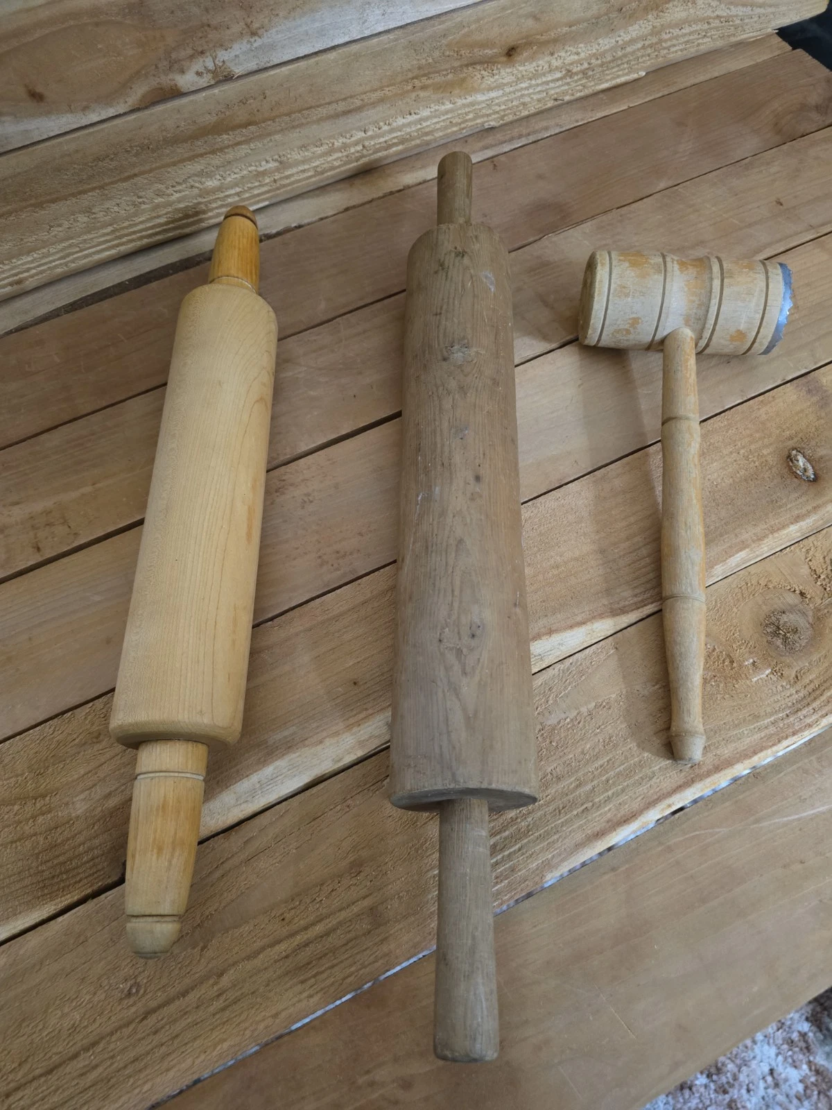 Vintage Wooden Rolling Pins & Mallet Farmhouse Kitchen Tools