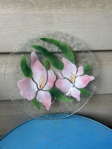 Pink Floral Green Leaves Fused Glass Art Glass Round Plate Shallow Dish 8.5"