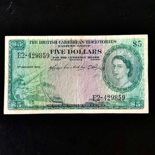 OSTKARIBISCHE STAATEN. 5 DOLLAR BANKNOTE 1956. ELIZABETH II. E/2. V. RAR.