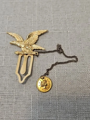Vintage Bookmark USA American Eagle Hanging Liberty Coin Charm Chain Gold Tone