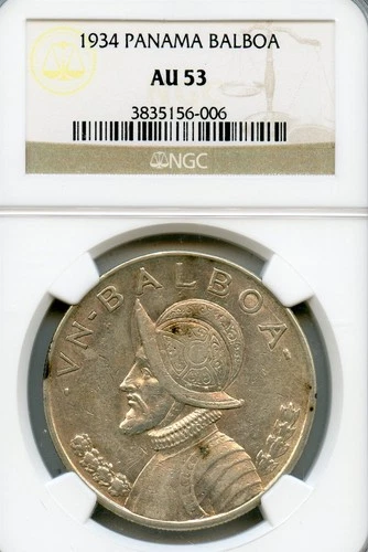 PANAMA 1 BALBOA SILVER CROWN 1934 AU-53 NGC 