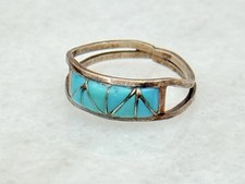 Vintage Zuni Native American Sterling Silver Turquoise Inlay Ring - Sz 6