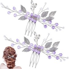 PAGOW 2PCS Leaf Hair Combs, Purple Rhinestone Hair Comb Clips, Hair Side Comb...